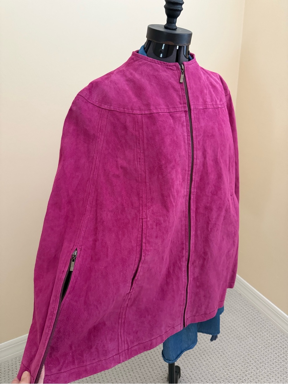 Fuchsia Pink Suede Zipper Cape Poncho Sz L/XL Terry Lewis